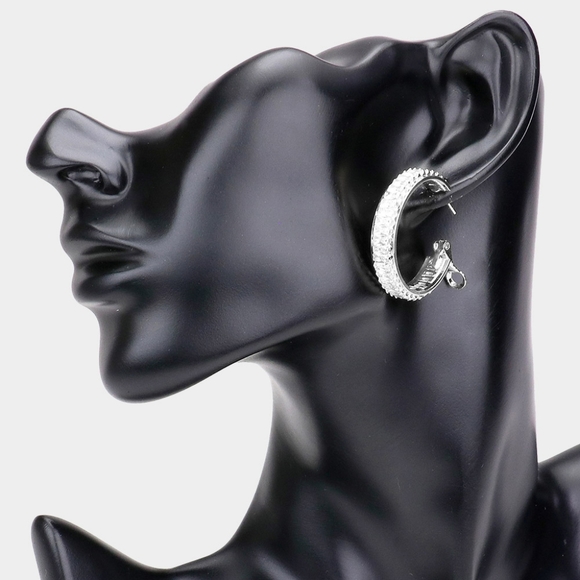 Silver Rectangle Stone Cluster Rhinestone Crystal Round Bling Hoop Earrings - Picture 1 of 2